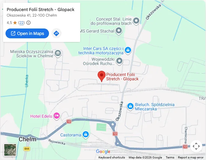 Map showing the Glopack location: Okszowska 41, 22-100 Chełm. Opens Google Maps in a new tab.