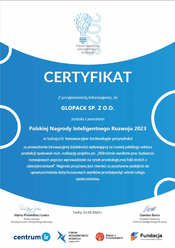Polish Smart Development Award 2023 certificate for Glopack